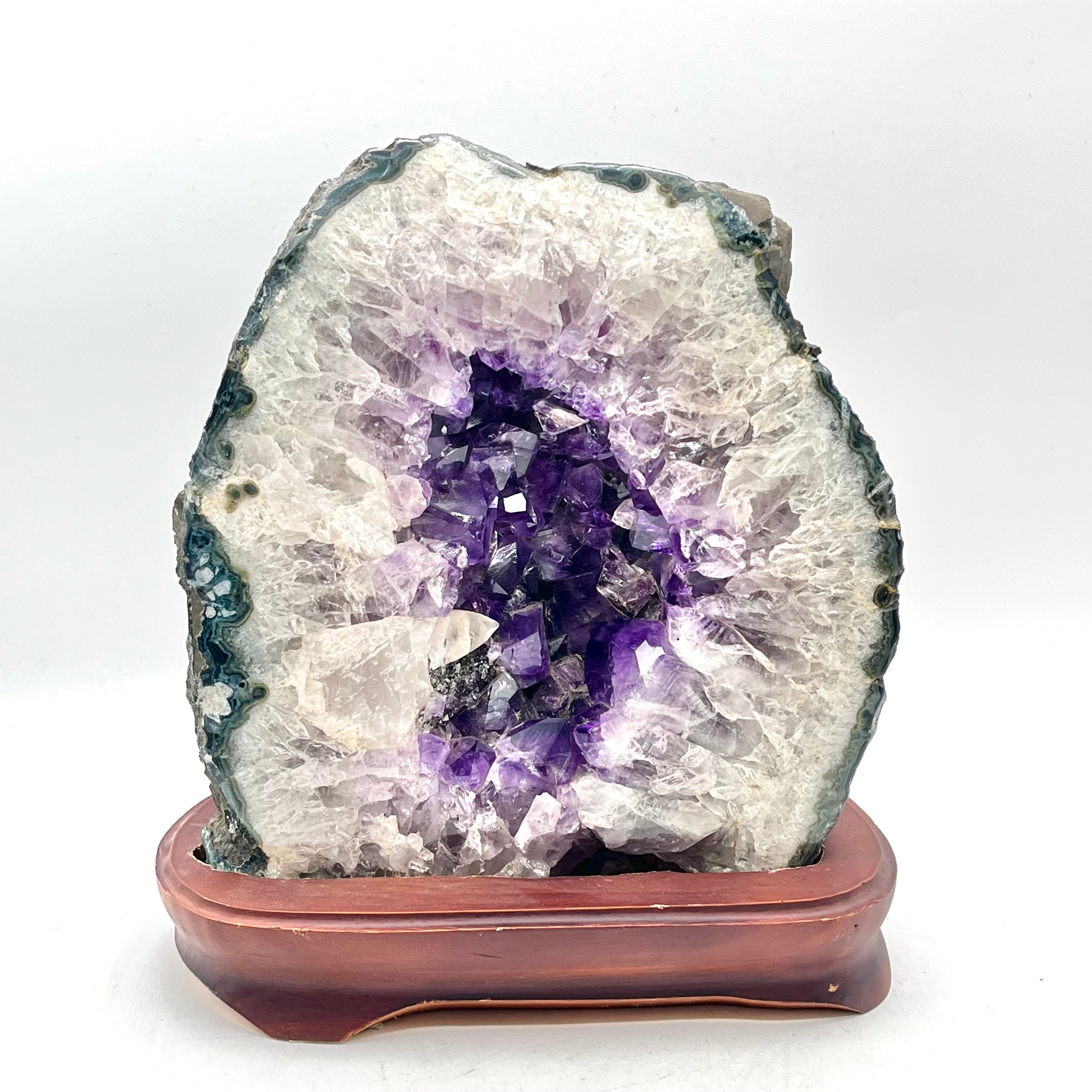 Raw &Polished Amethyst Cluster in Wooden Stand