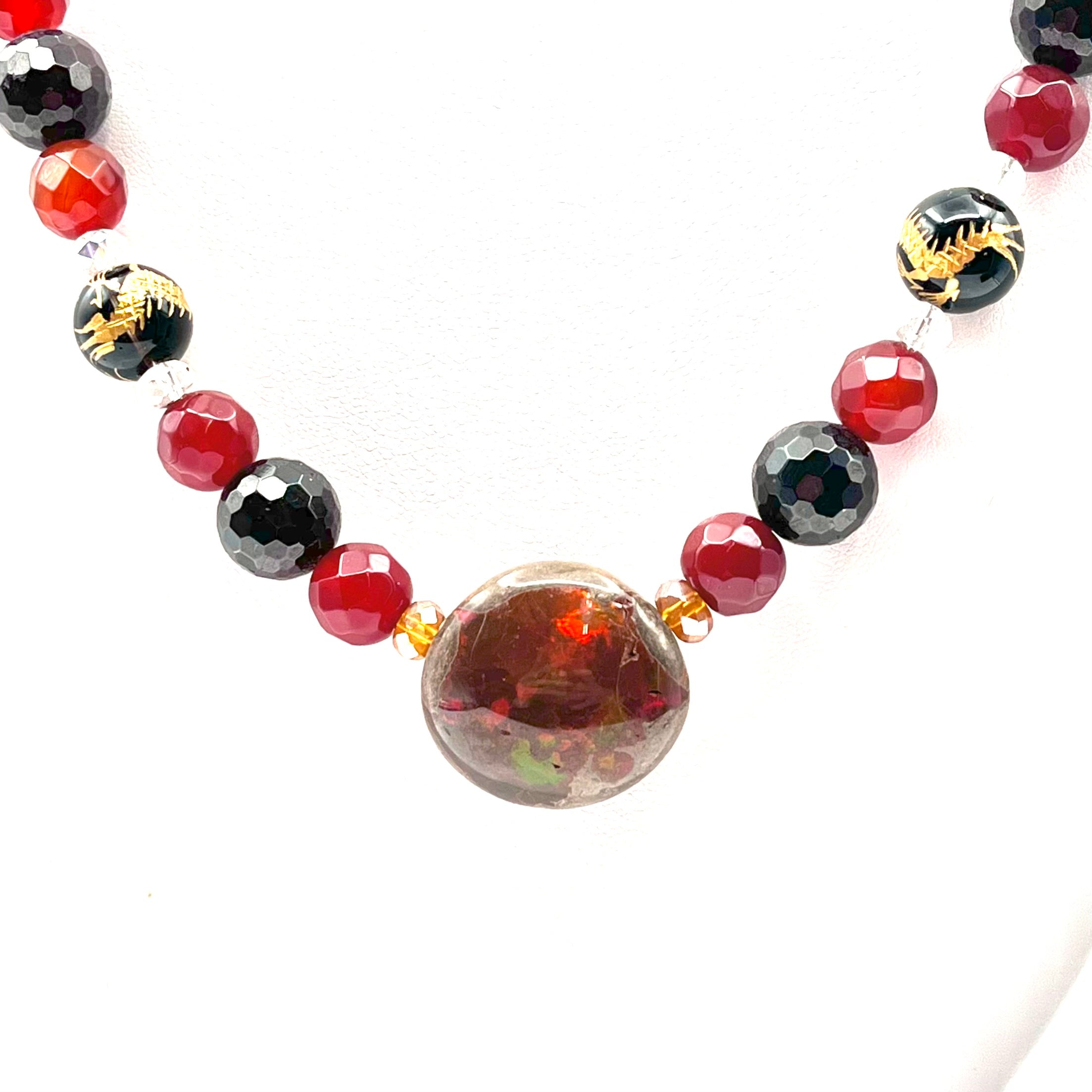 Rare, Stunning Necklace w/ Exquisite Australian Opal, High Grade Beads of Tiger Eye, Amethyst, Lapis Lazuli, Quartz, Amber, Carnelian, Garnet, Obsidian, Aventurine & 14k Gold Dragon Beads