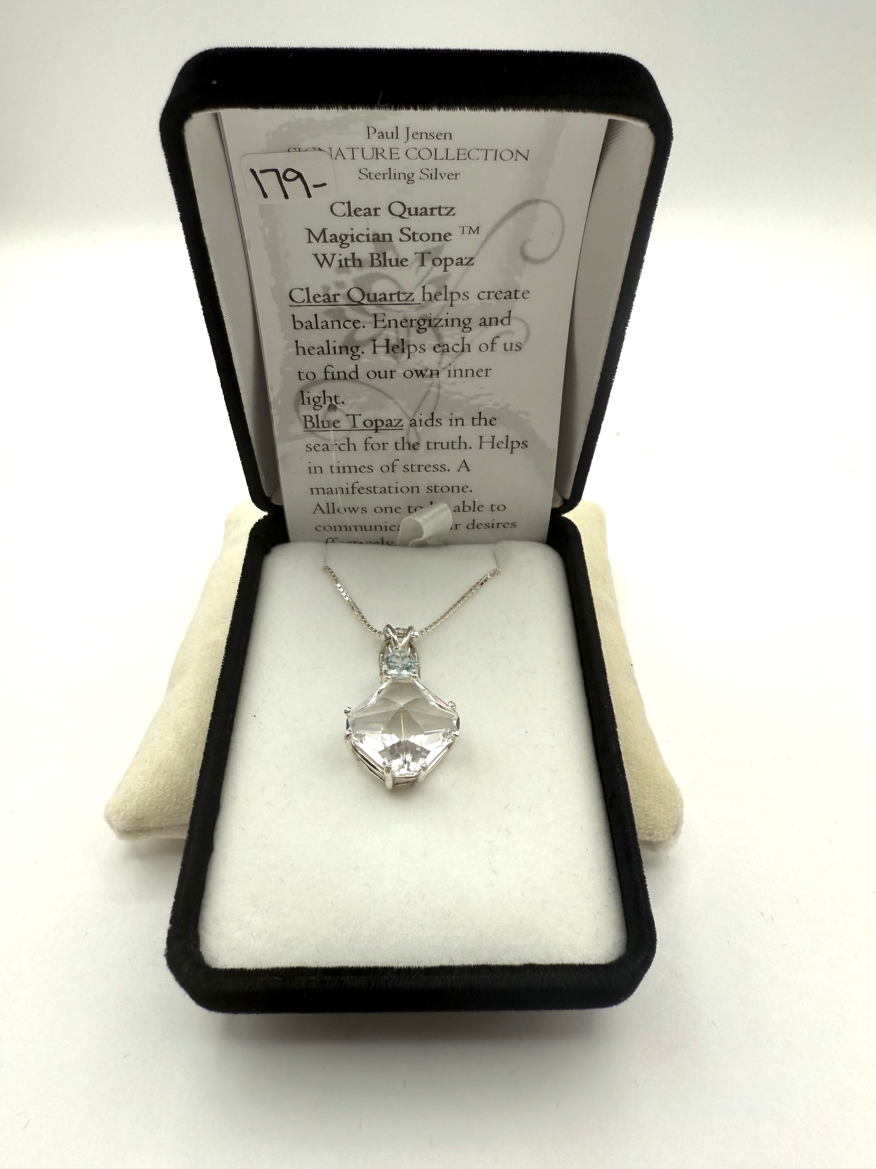 Clear Quartz Small Magician Stone with Trillion Cut Blue Topaz