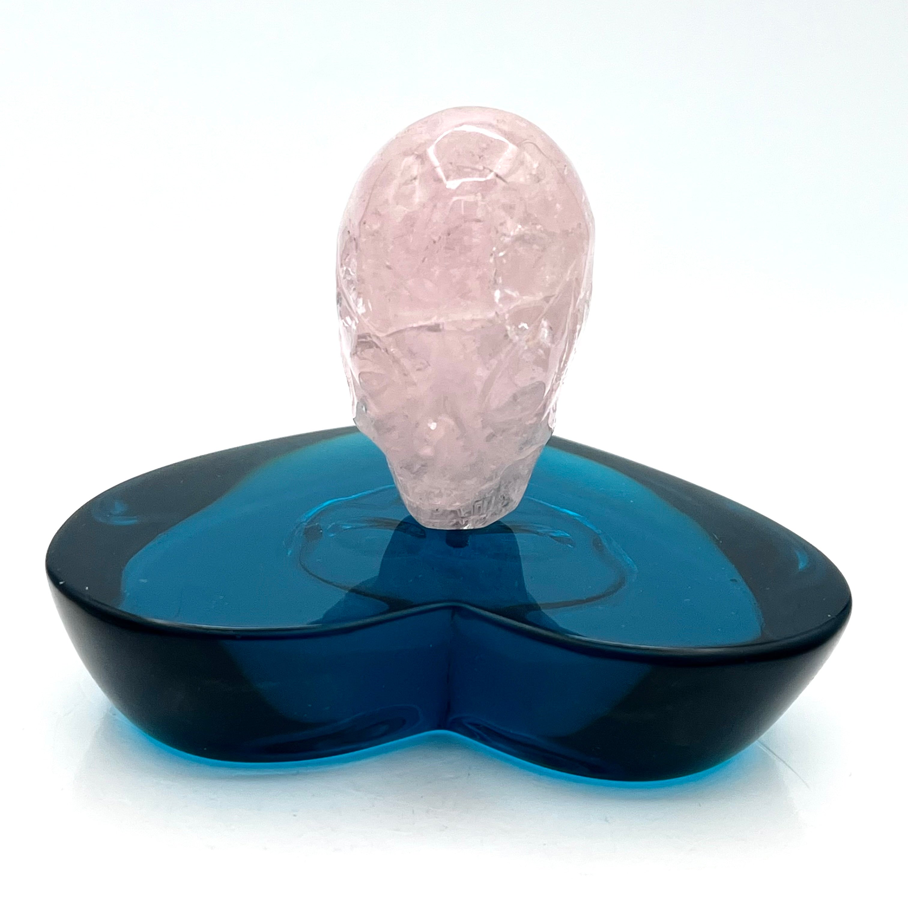 Double Sided Carved Morganite Skull in Blue Quartz Base
