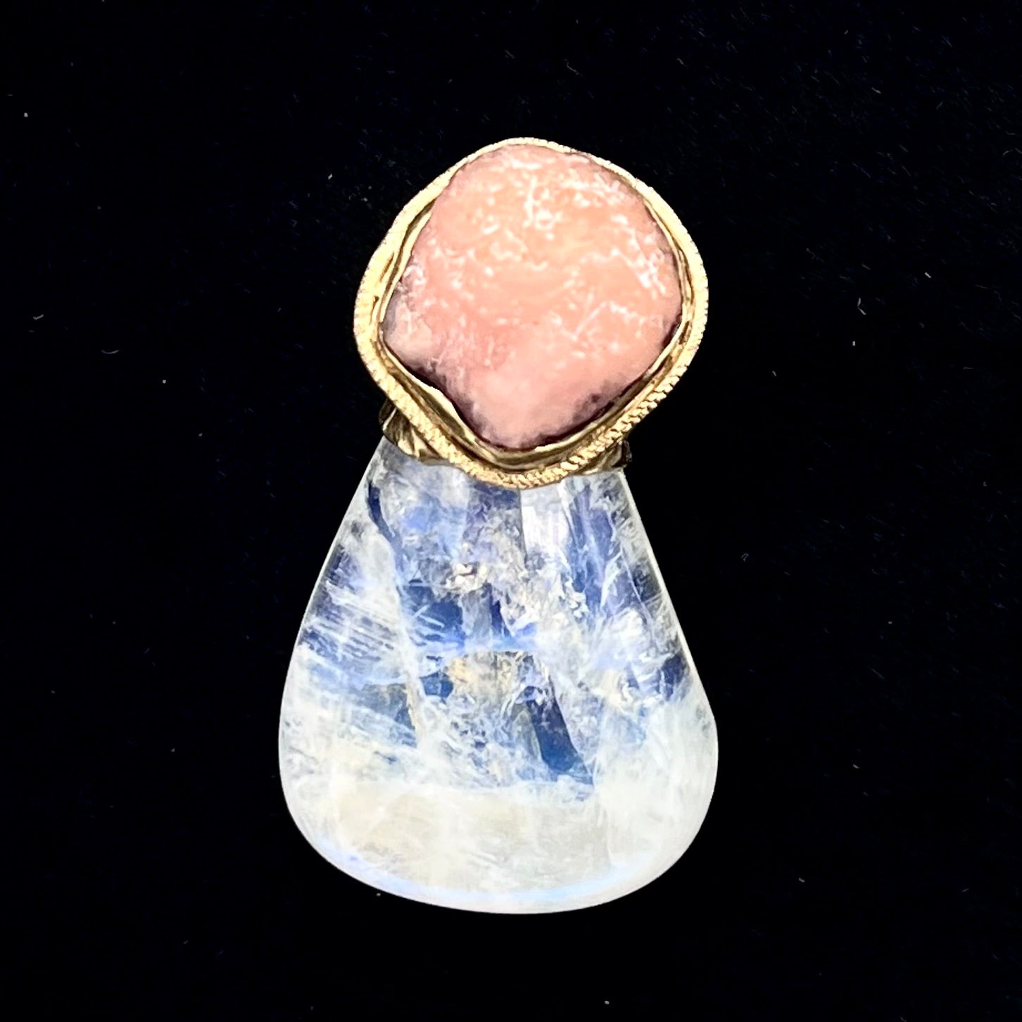 Botryoidal Rhodochrosite, Rainbow Moonstone& Gold Pendant- Joel Glick Exclusive Collection- #38