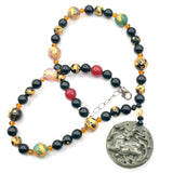 Exquisite One of a Kind Dragon Necklace w/ Carved Pendant, Onyx, Tiger Eye, Amber, Amethyst, Smoky Quartz, Carnelian, Aventurine& 14k Gold Dragon Beads