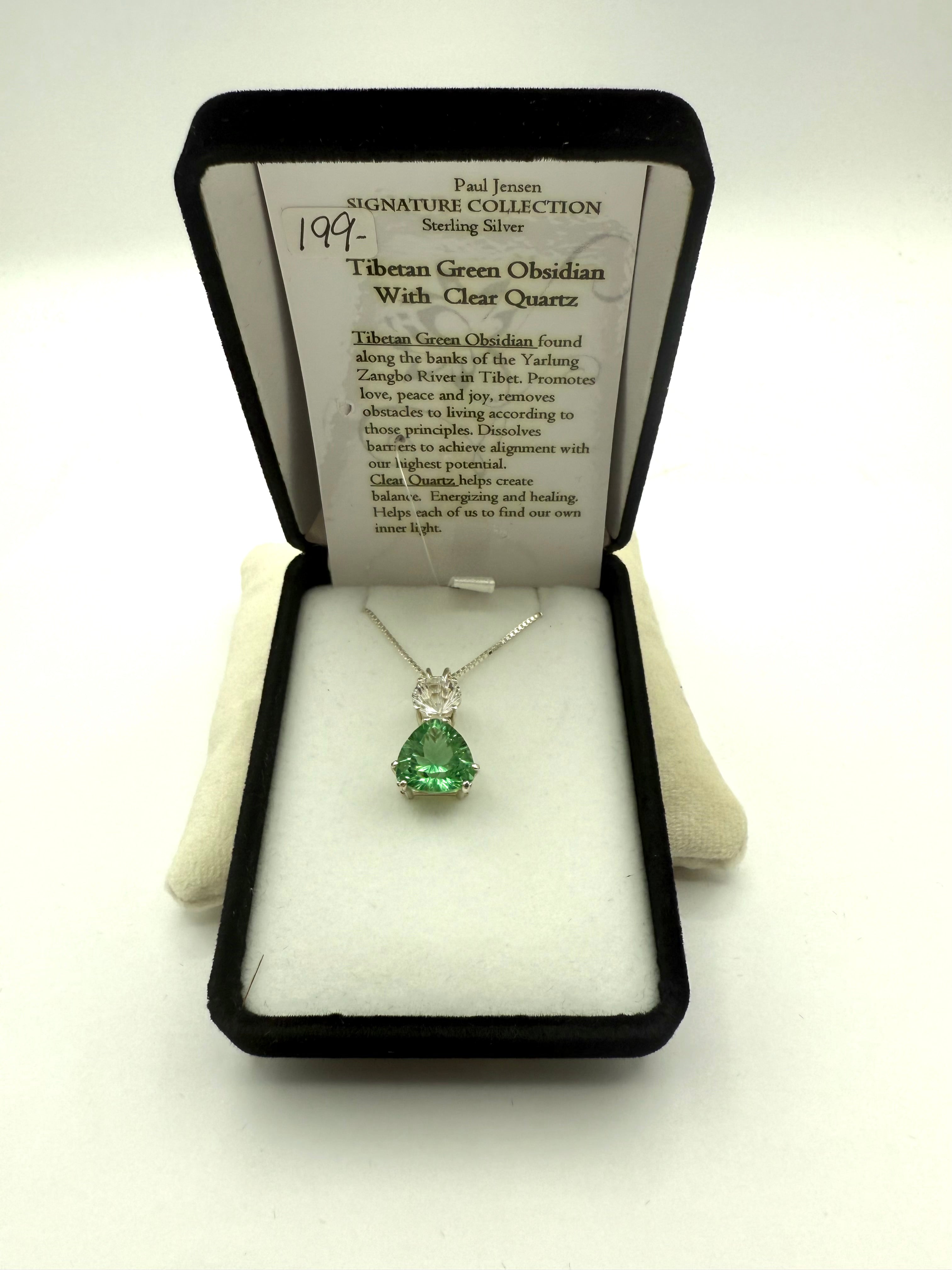 Tibetan Green Obsidian 12mm w/ Round Clear Quartz- Paul Jensen Signature Collection