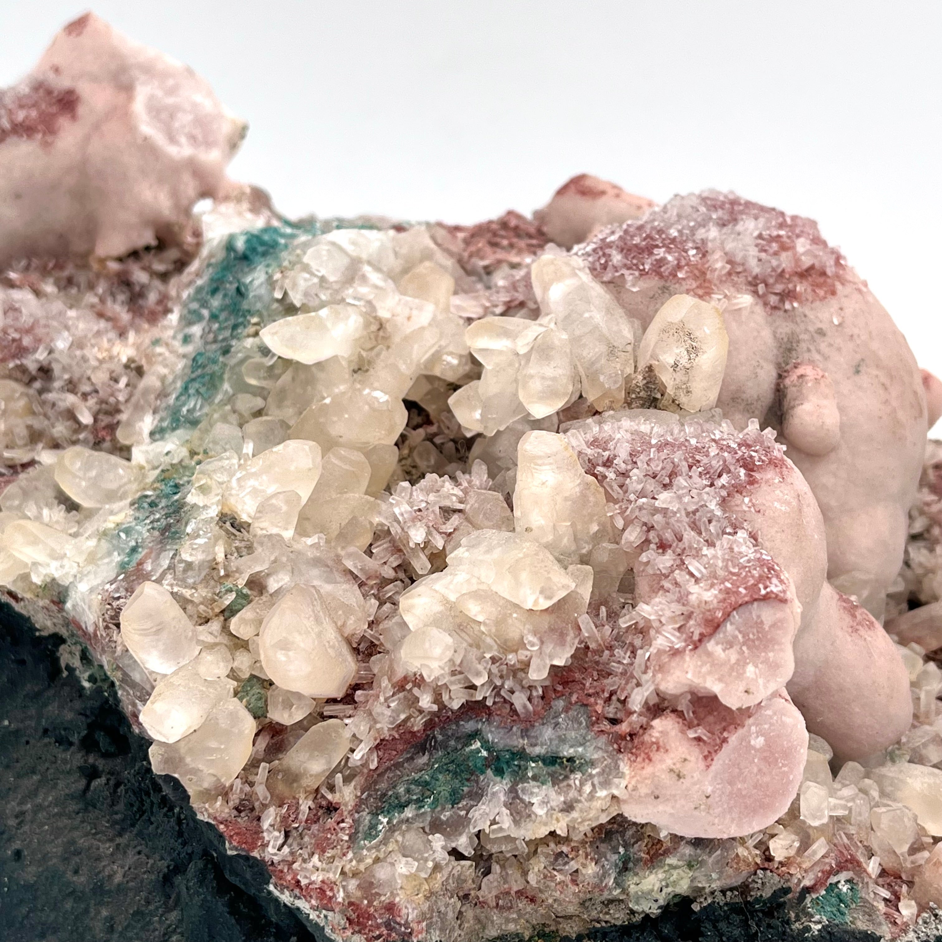 Rare, Unique Moss Agate, Spirit/ Aura Quartz, Cactus Formation w/ Calcite Points& Botryoidal Pink Quartz