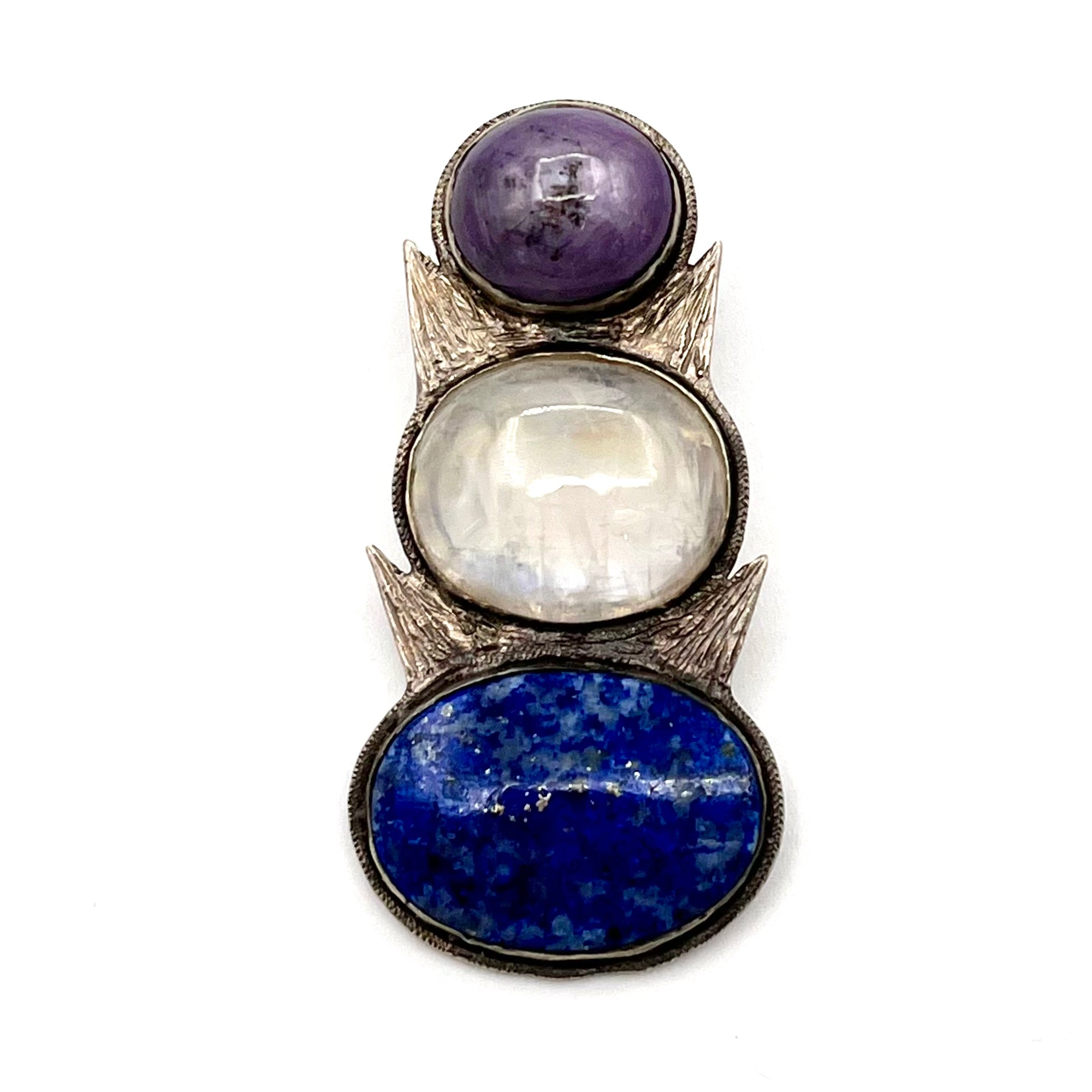 Star Ruby, Rainbow Moonstone, Lapis Lazuli& Silver Pendant- Joel Glick Exclusive Collection- #63