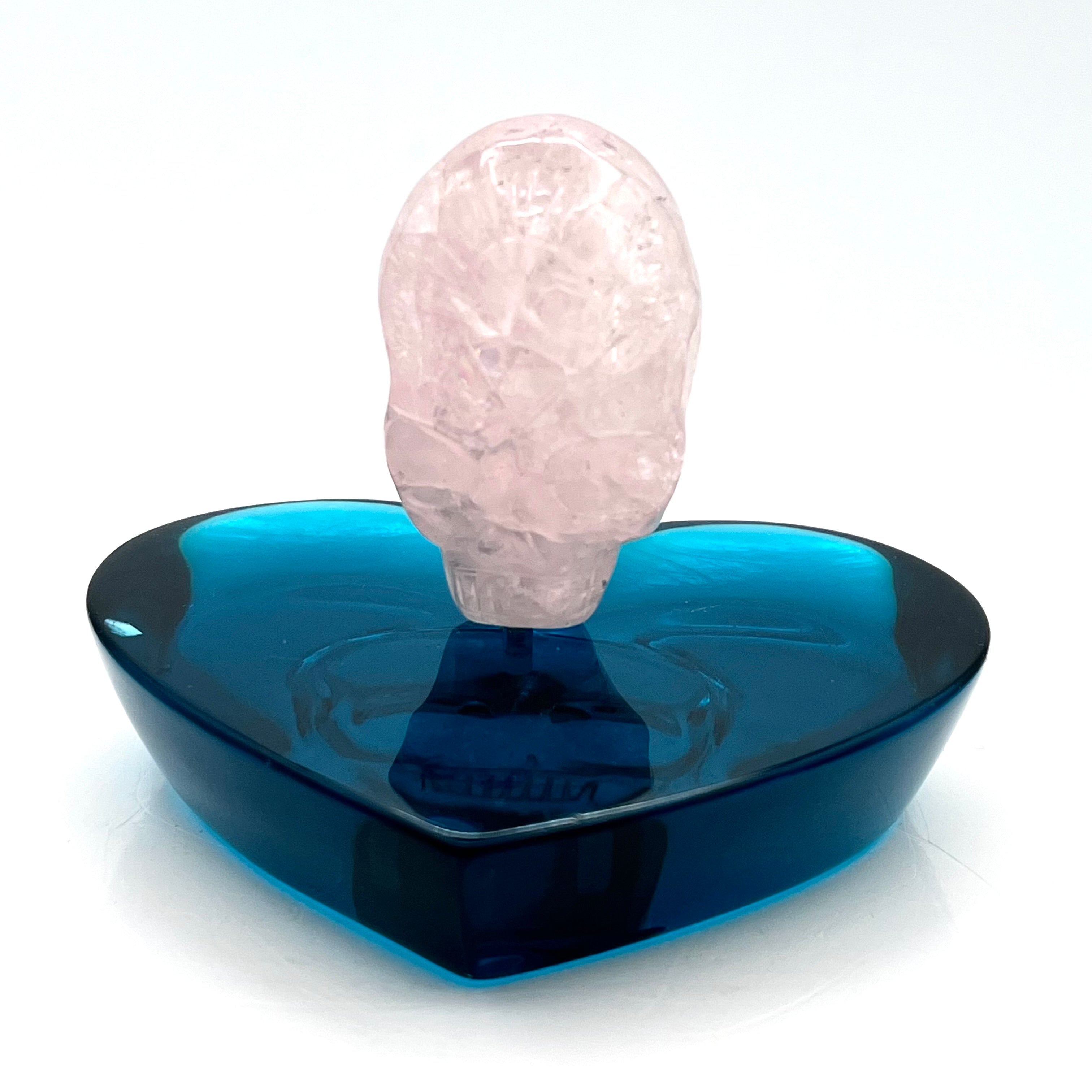 Double Sided Carved Morganite Skull in Blue Quartz Base