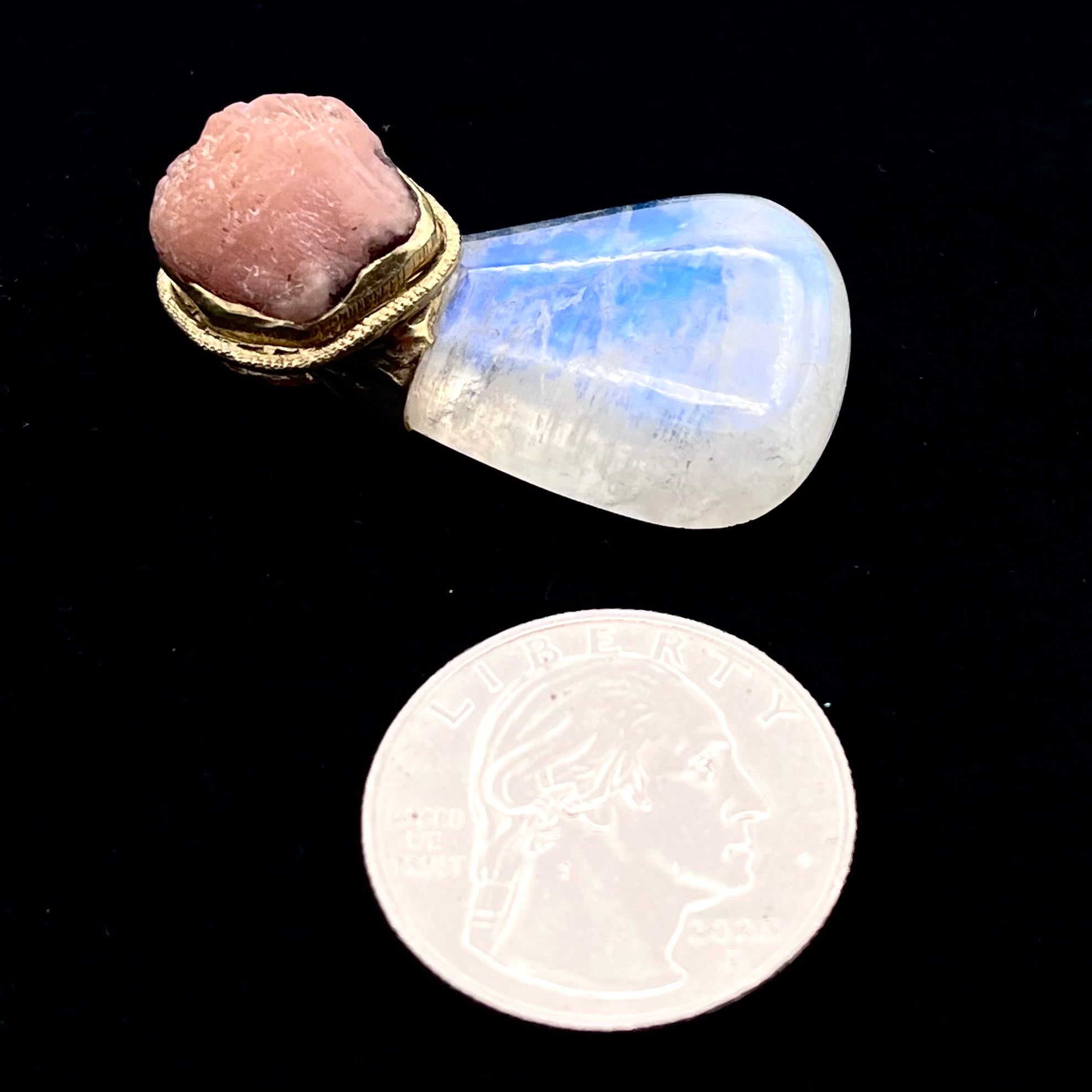 Botryoidal Rhodochrosite, Rainbow Moonstone& Gold Pendant- Joel Glick Exclusive Collection- #38