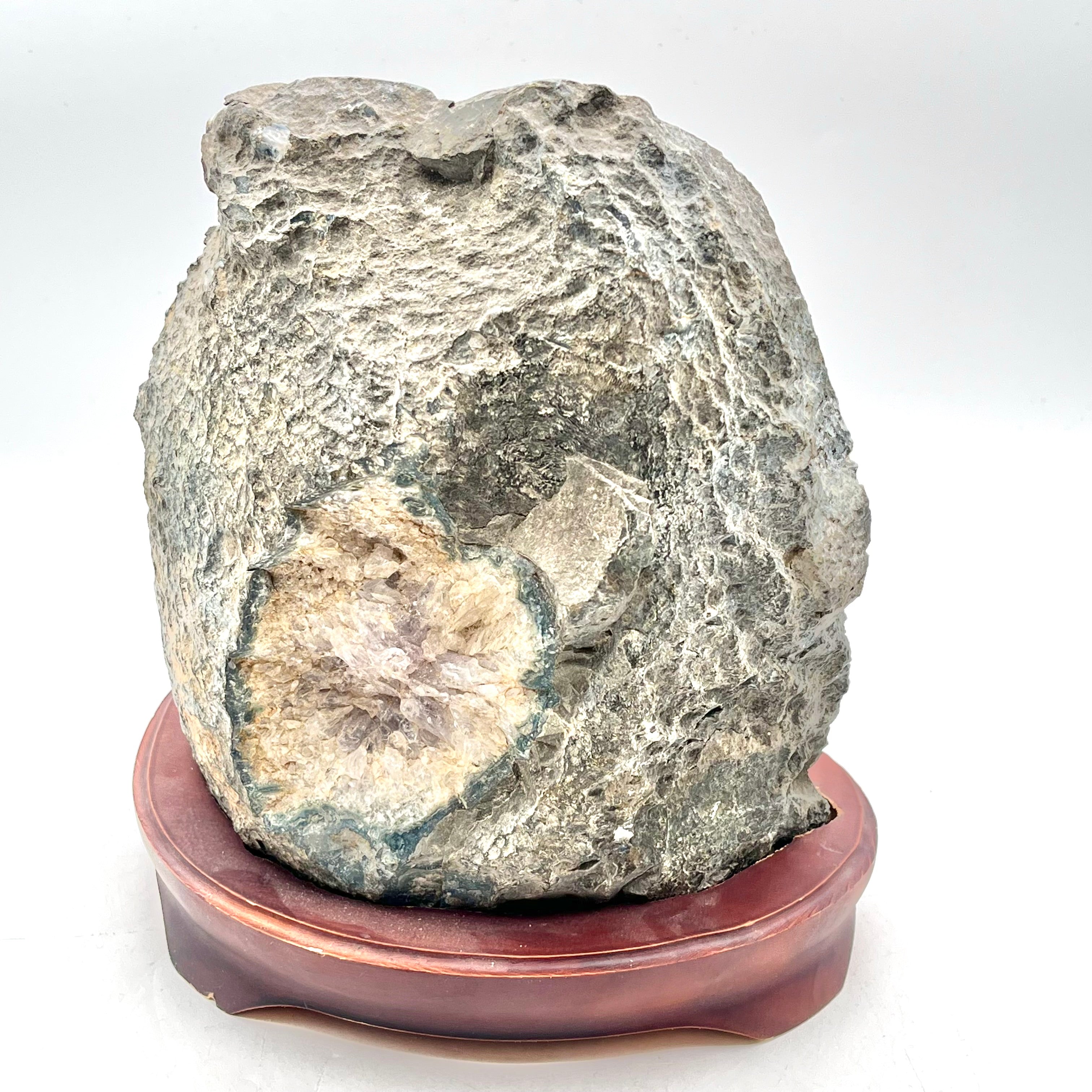 Raw &Polished Amethyst Cluster in Wooden Stand