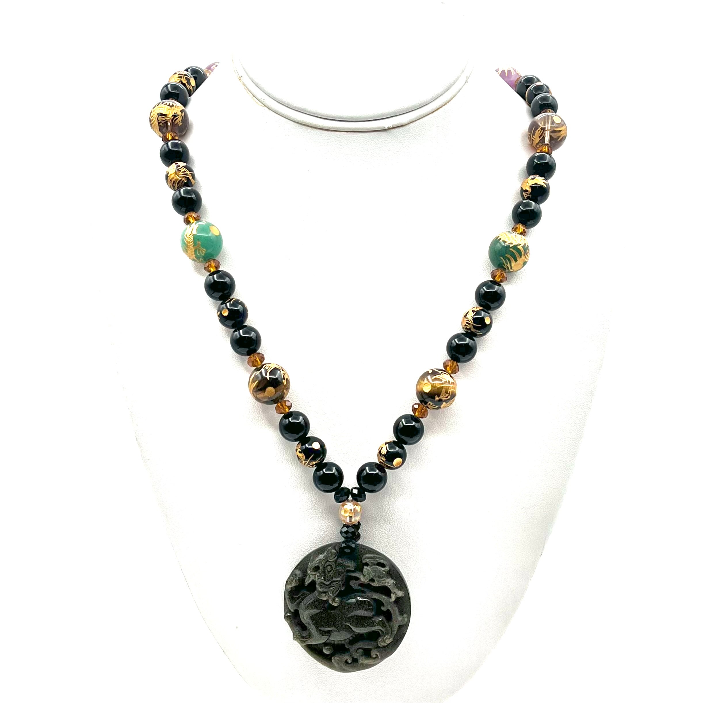 Exquisite One of a Kind Dragon Necklace w/ Carved Pendant, Onyx, Tiger Eye, Amber, Amethyst, Smoky Quartz, Carnelian, Aventurine& 14k Gold Dragon Beads