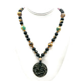 Exquisite One of a Kind Dragon Necklace w/ Carved Pendant, Onyx, Tiger Eye, Amber, Amethyst, Smoky Quartz, Carnelian, Aventurine& 14k Gold Dragon Beads