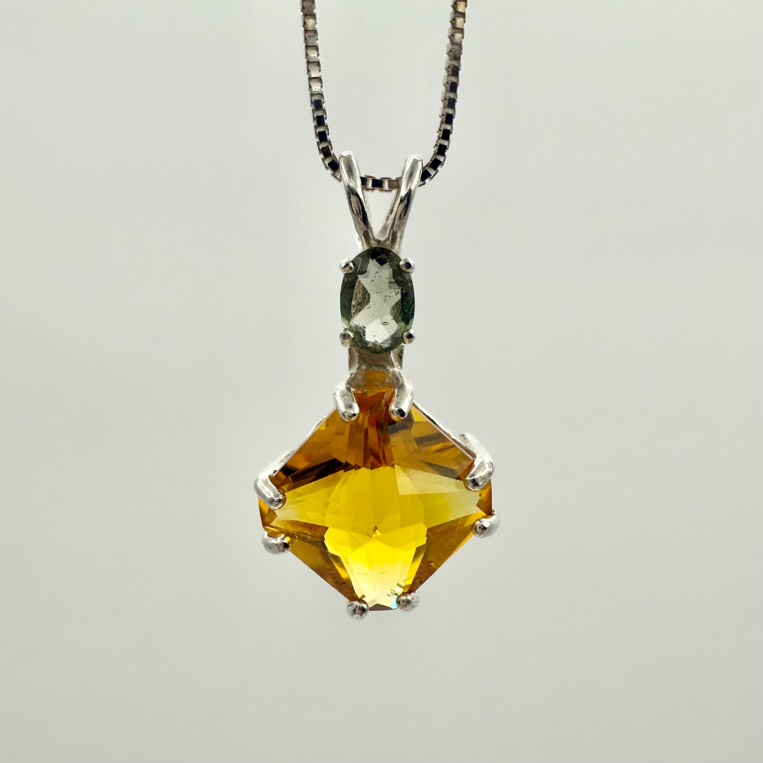 Siberian Gold Quartz Mini Magician Stone w/ Oval Cut Moldavite Necklace- Paul Jensen Signature Collection