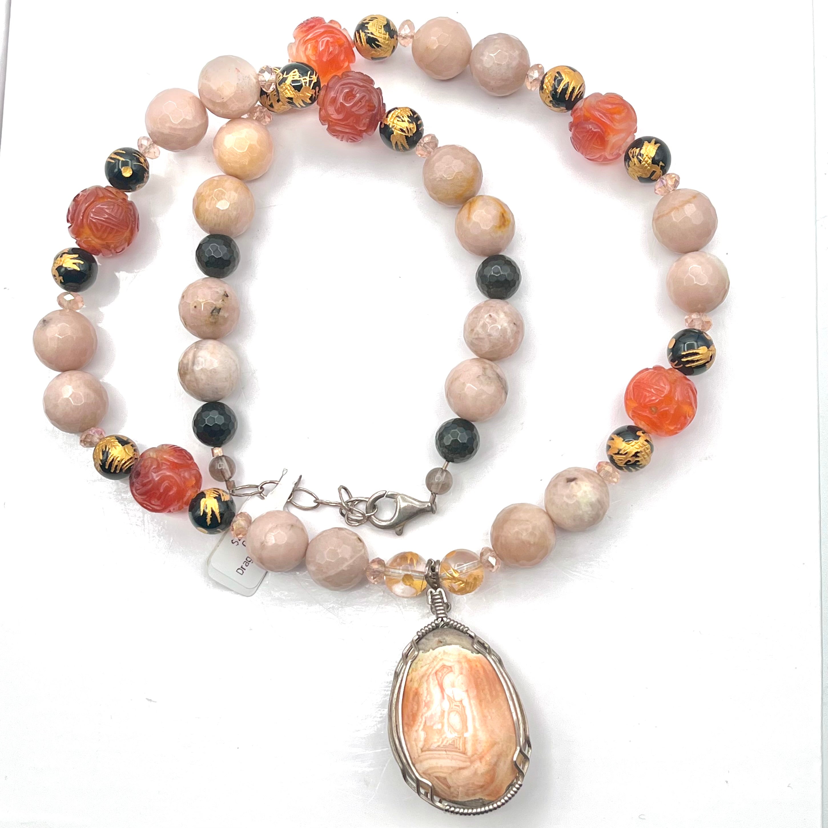 One of a Kind Dragon Necklace w/ Museum Quality Opal, Onyx, Quartz, Carnelian, Obsidian, Peach Moonstone& 14k Gold Dragon Beads