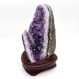 Raw and Polished Amethyst Cluster in Wooden Stand